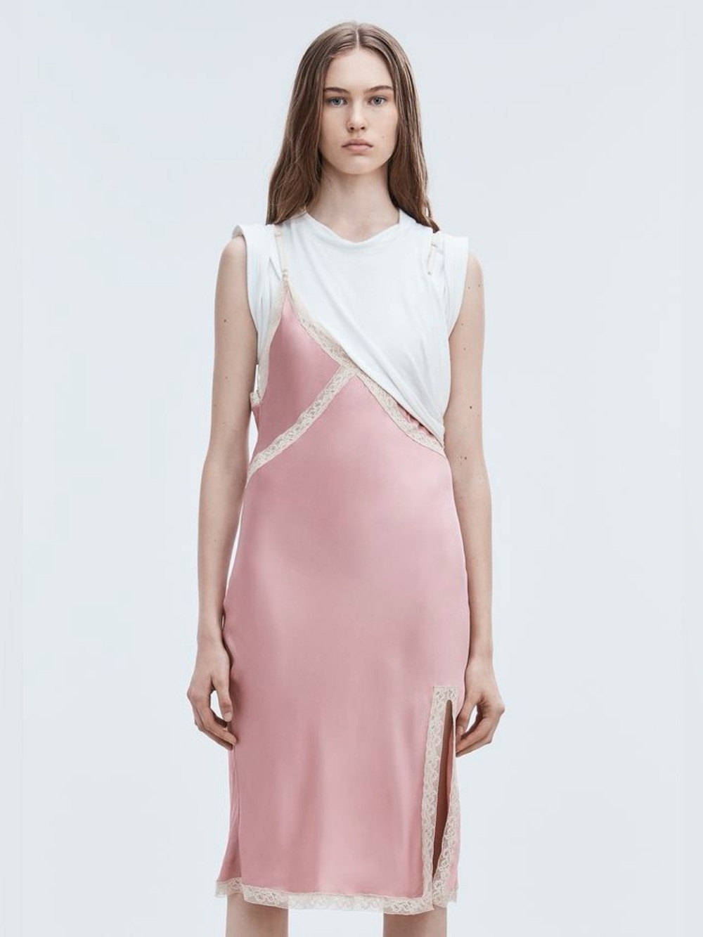 Pink Satin Midi Slip Dress with Asymmetric T-shirt